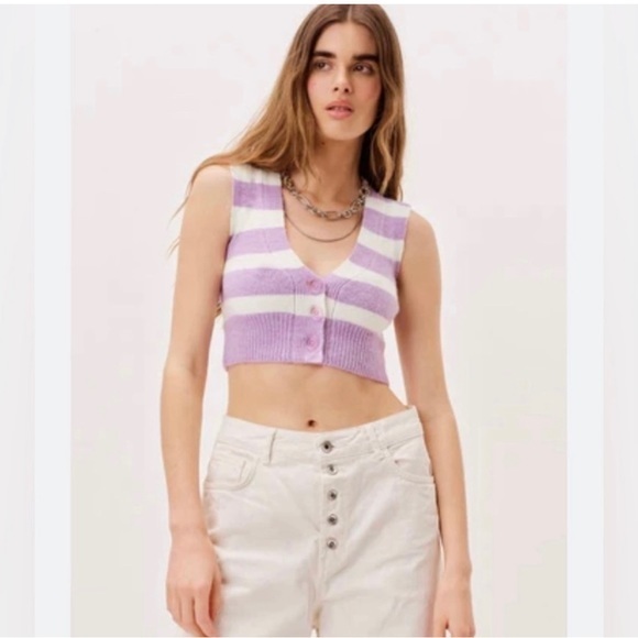 For Love & Lemons Maud Purple Sweater Vest Cropped Fuzzy Striped NWT MSRP $95 - Picture 2 of 5